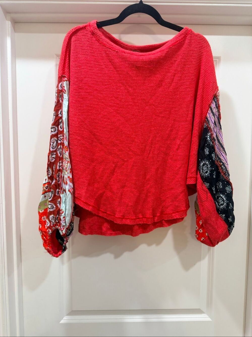 We The Free Red Mixed Media Long Sleeve Top Boho Floral Patterned Sleeves Size S